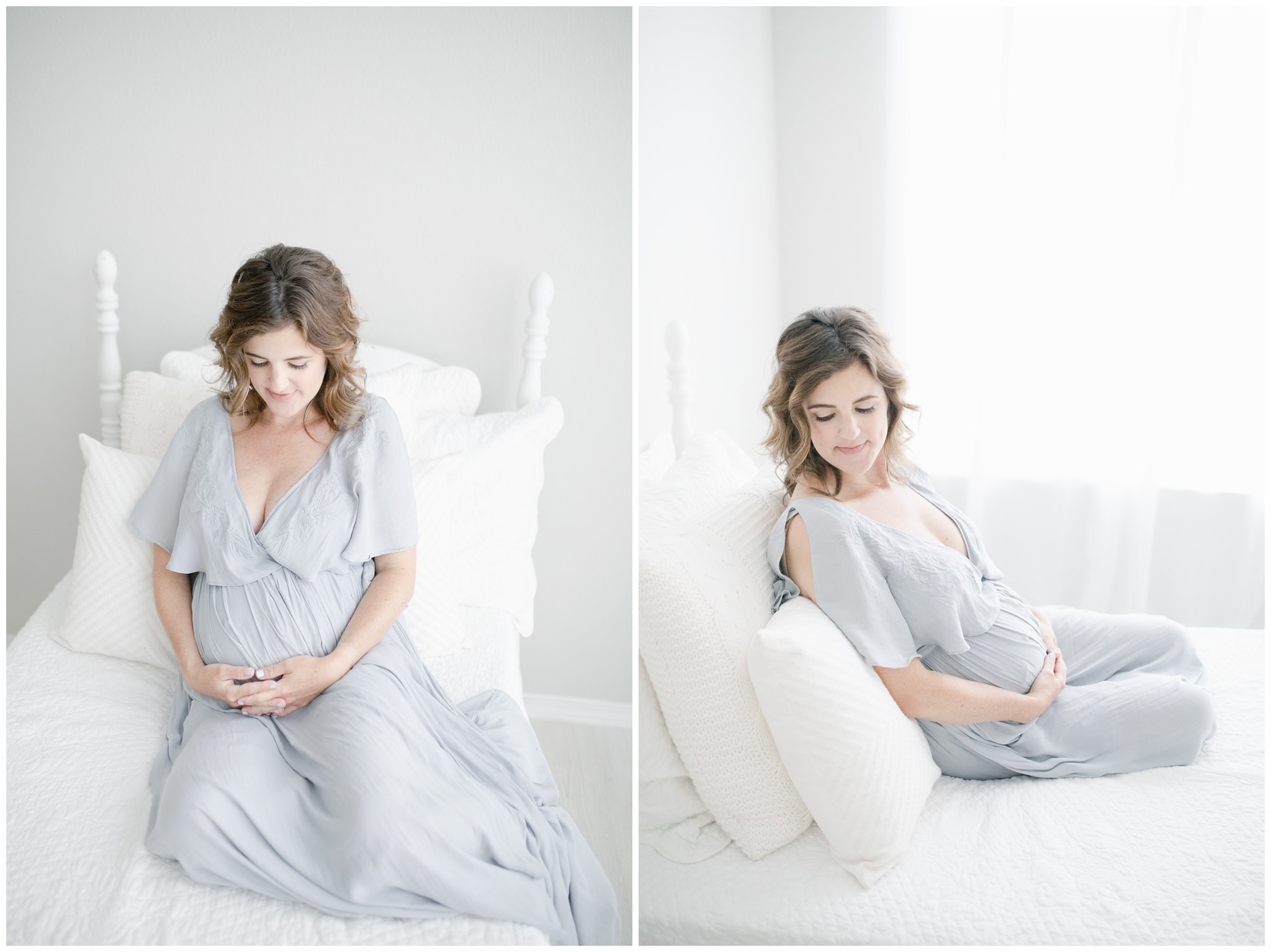 pregnant mom sitting on white bed for maternity photos