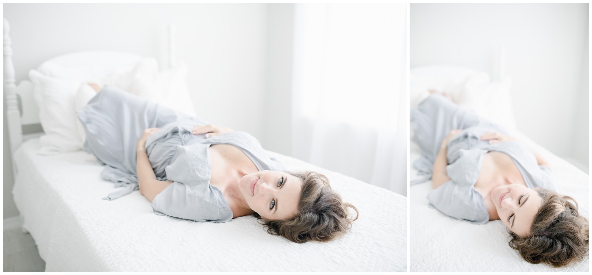 maternity photos on white bed