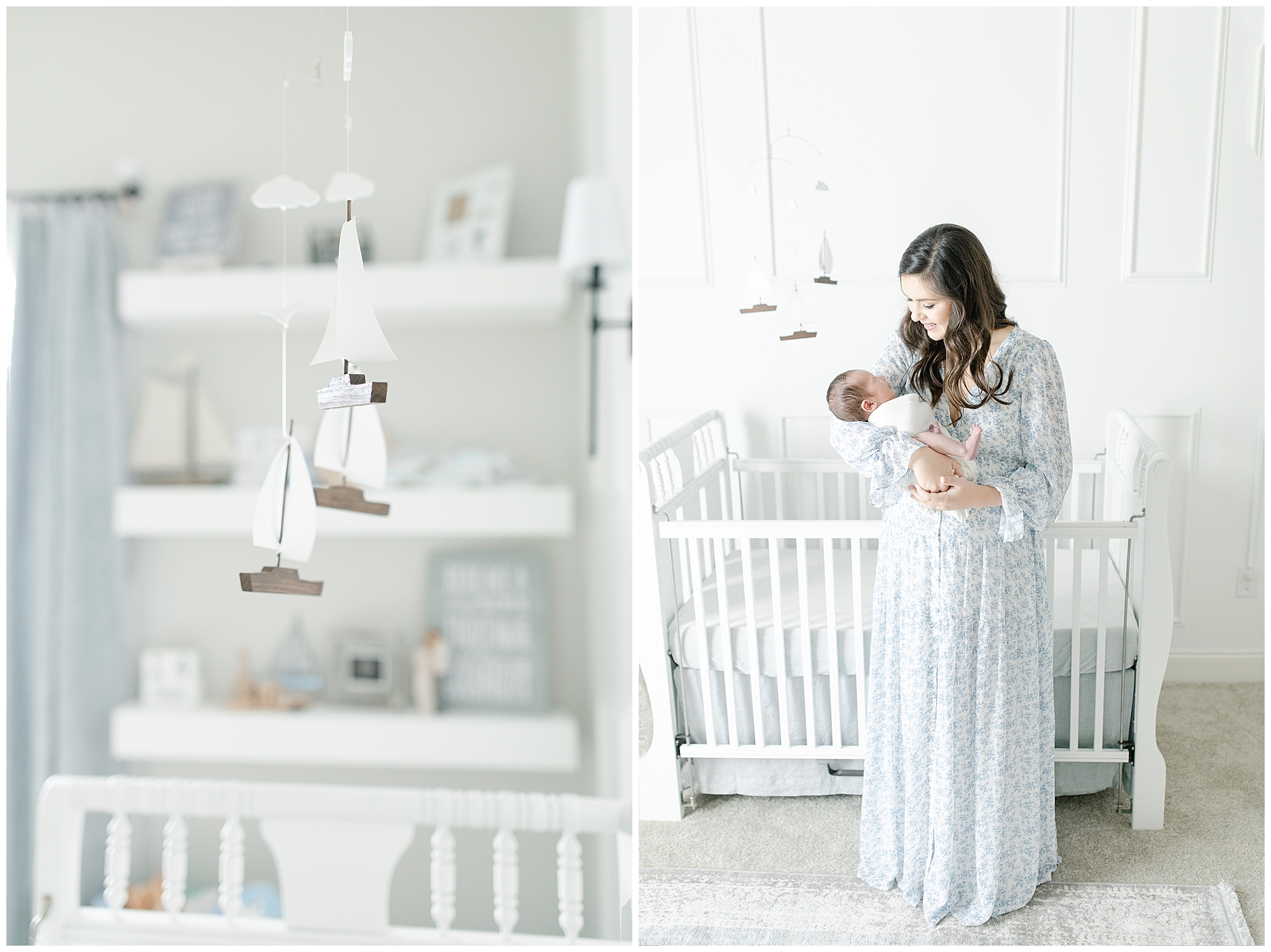 Details of nautical themed nursery. Mom and baby embracing. Photo by Little Sunshine Photography.