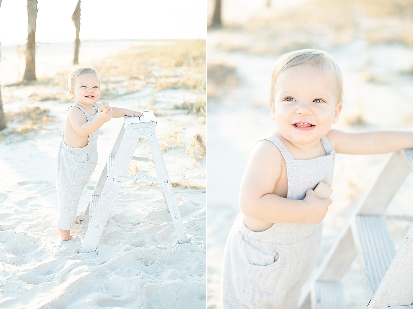 Little boy standing by ladder on the beach for photos. Photo by Little Sunshine Photography.
