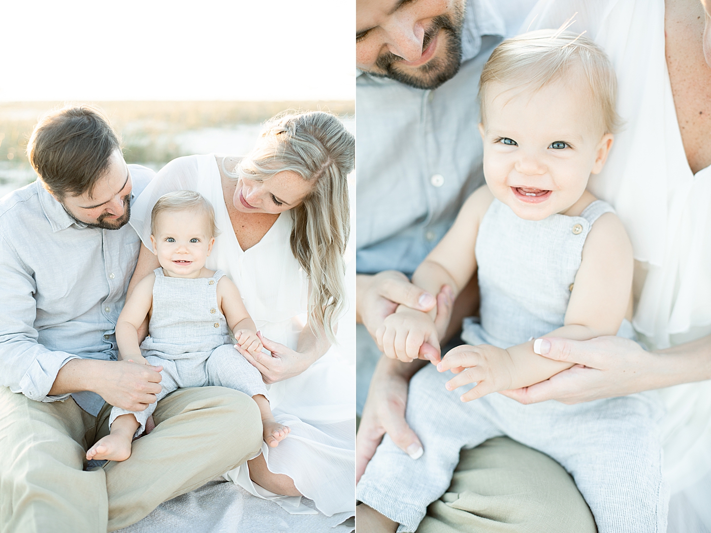 Little boy sitting on Mom and Dad's lap for family portraits with MS Gulf Coast baby and family photographer, Little Sunshine Photography.