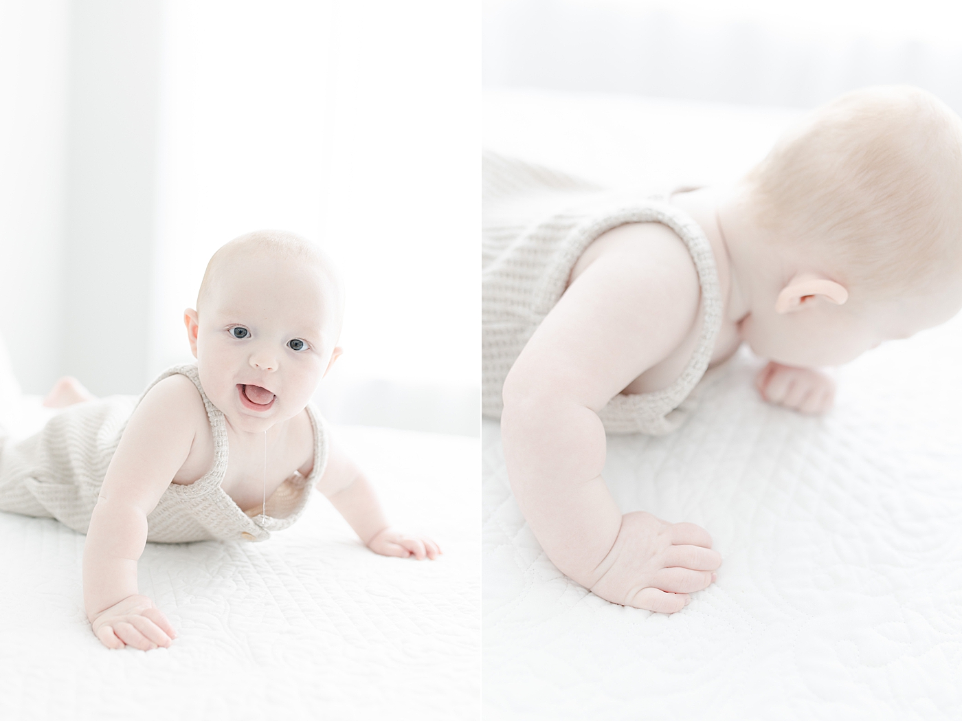 Six month old pushing up on his arms and drooling. Photo by Little Sunshine Photography