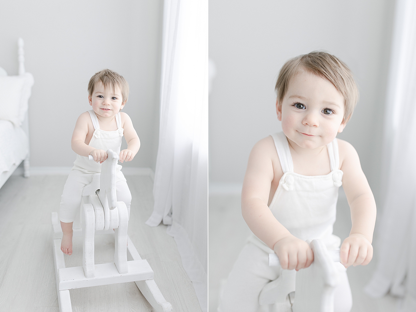 Toddler sitting on wood rocking horse for photos with Hattiesburg baby photographer, Little Sunshine Photography.