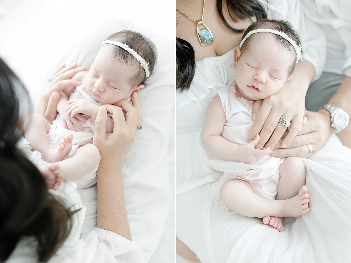 Newborn baby girl wearing heirloom outfit for photos with Little Sunshine Photography.