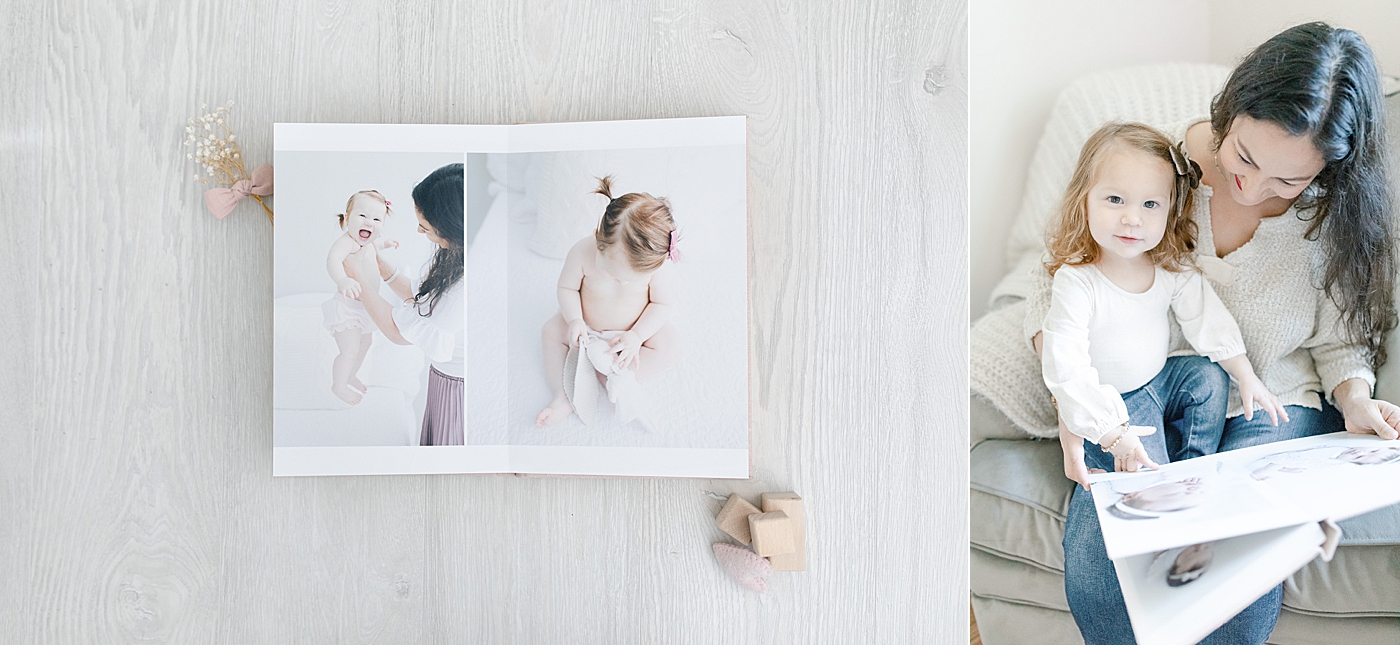 An album with baby photos | A mom and baby looking through a custom photo album | Photo by Little Sunshine Photography