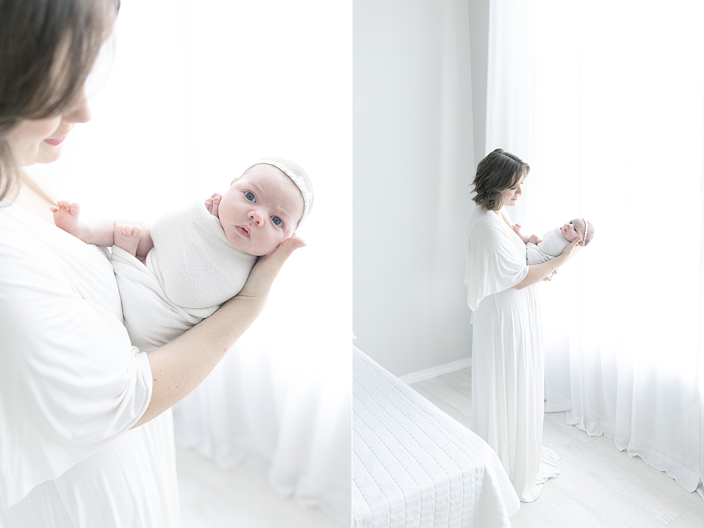 Baby girl wrapped in gray swaddle held by mom looking at the camera| Photo by Little Sunshine Photography 