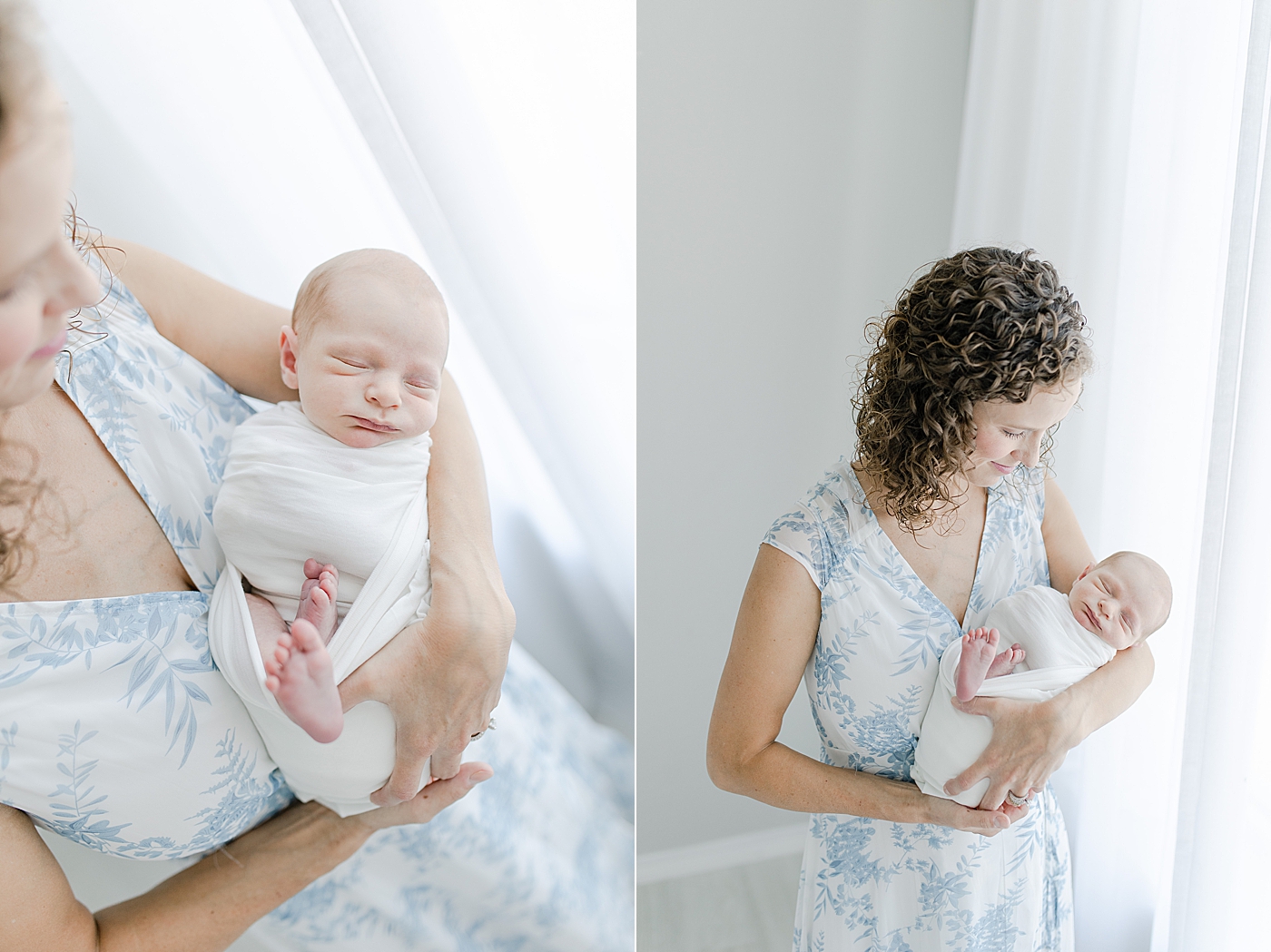 Mom in blue and white dress holding newborn wrapped in white swaddle | Photo by Little Sunshine Photography