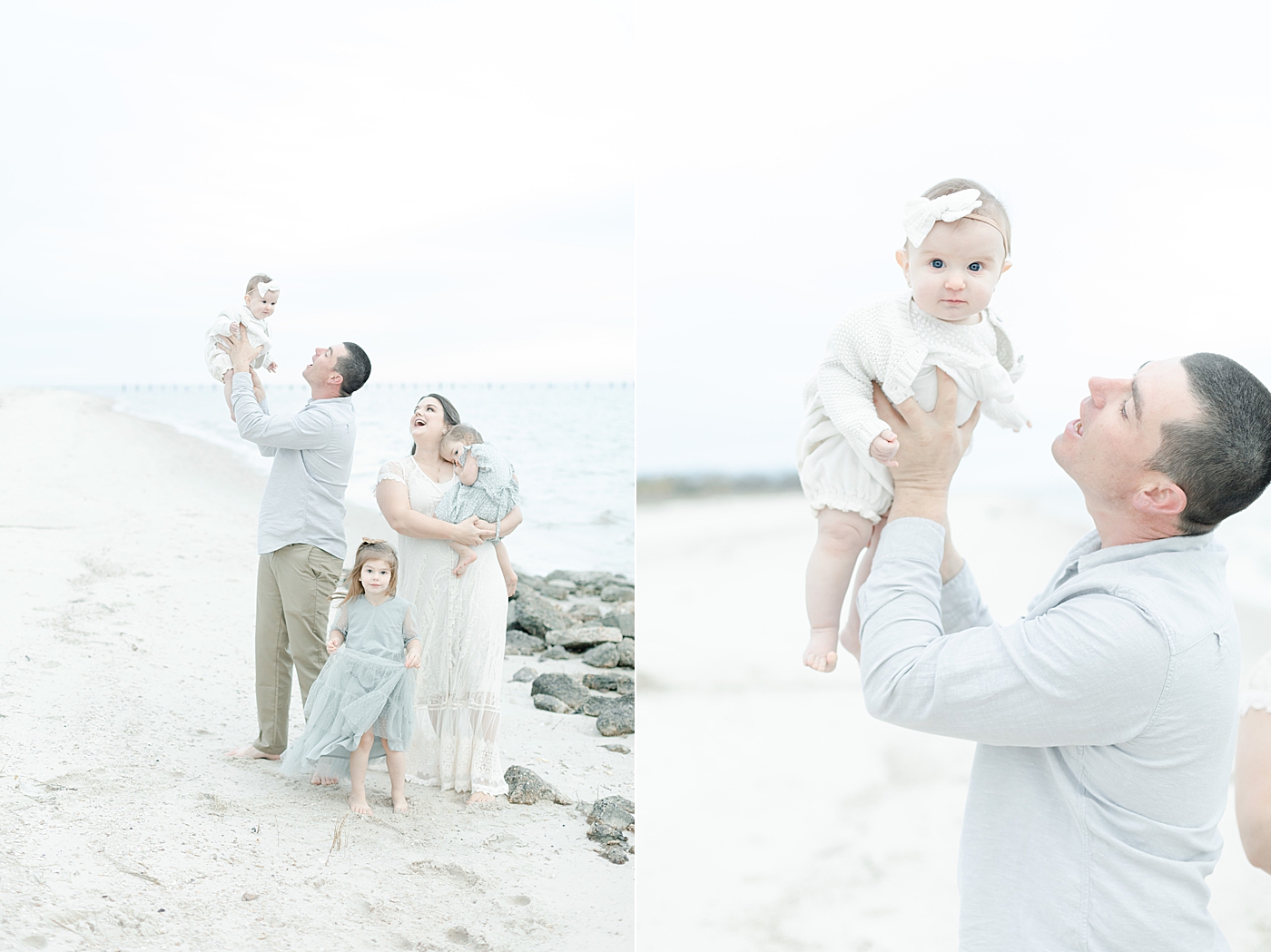 Dad holding baby girl in the air on the beach | Photo by Little Sunshine Photography