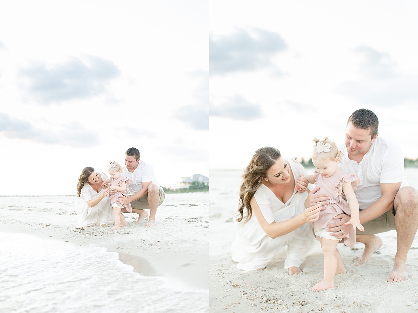 Mom and dad helping baby girl find shells on the beach | Photo by Little Sunshine Photography