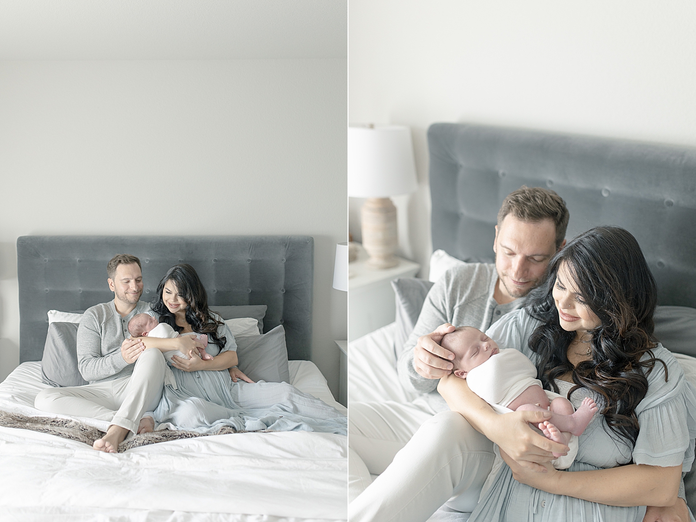 Mom and dad snuggling their baby on their bed | Photo by Biloxi MS newborn photographer Little Sunshine Photography