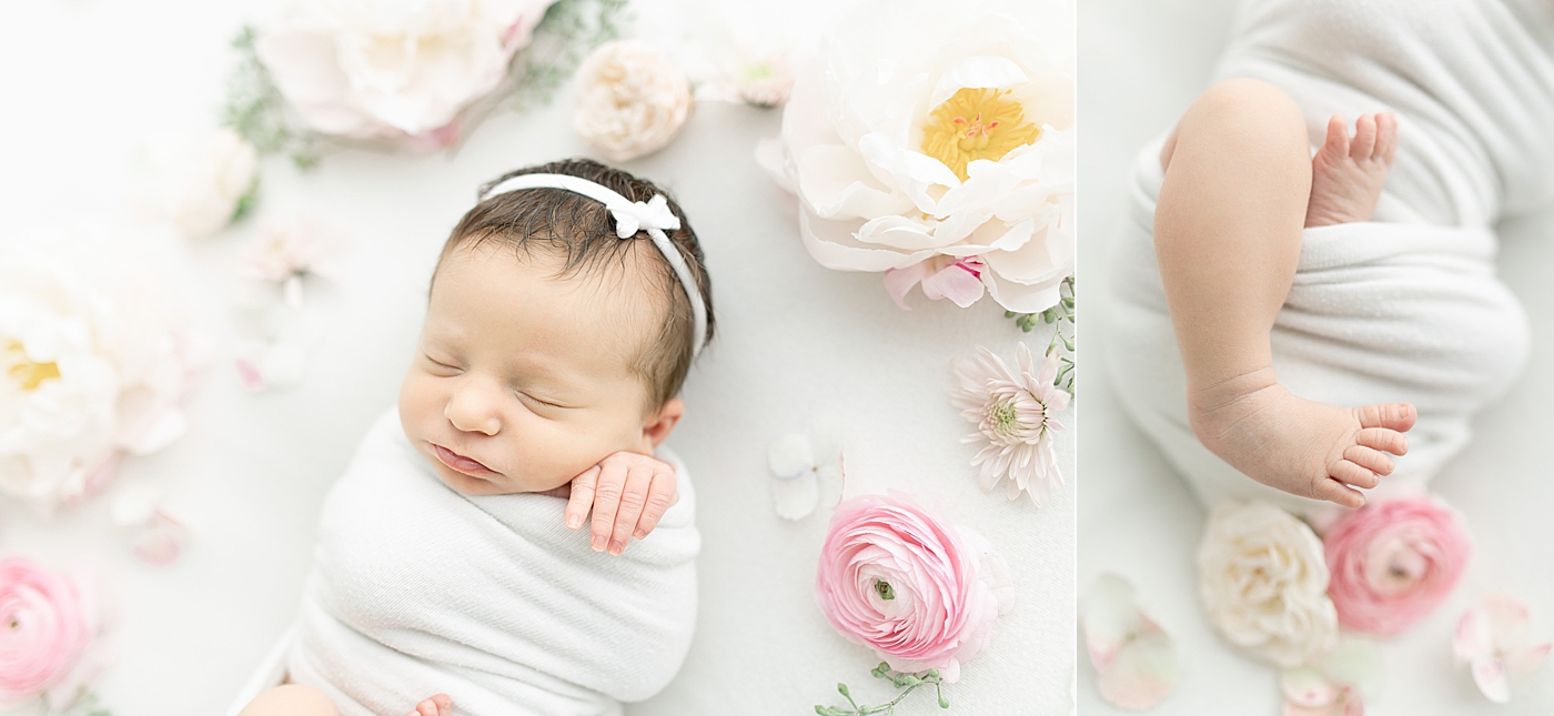 Newborn baby girl with flowers | Photo by Little Sunshine Photography 