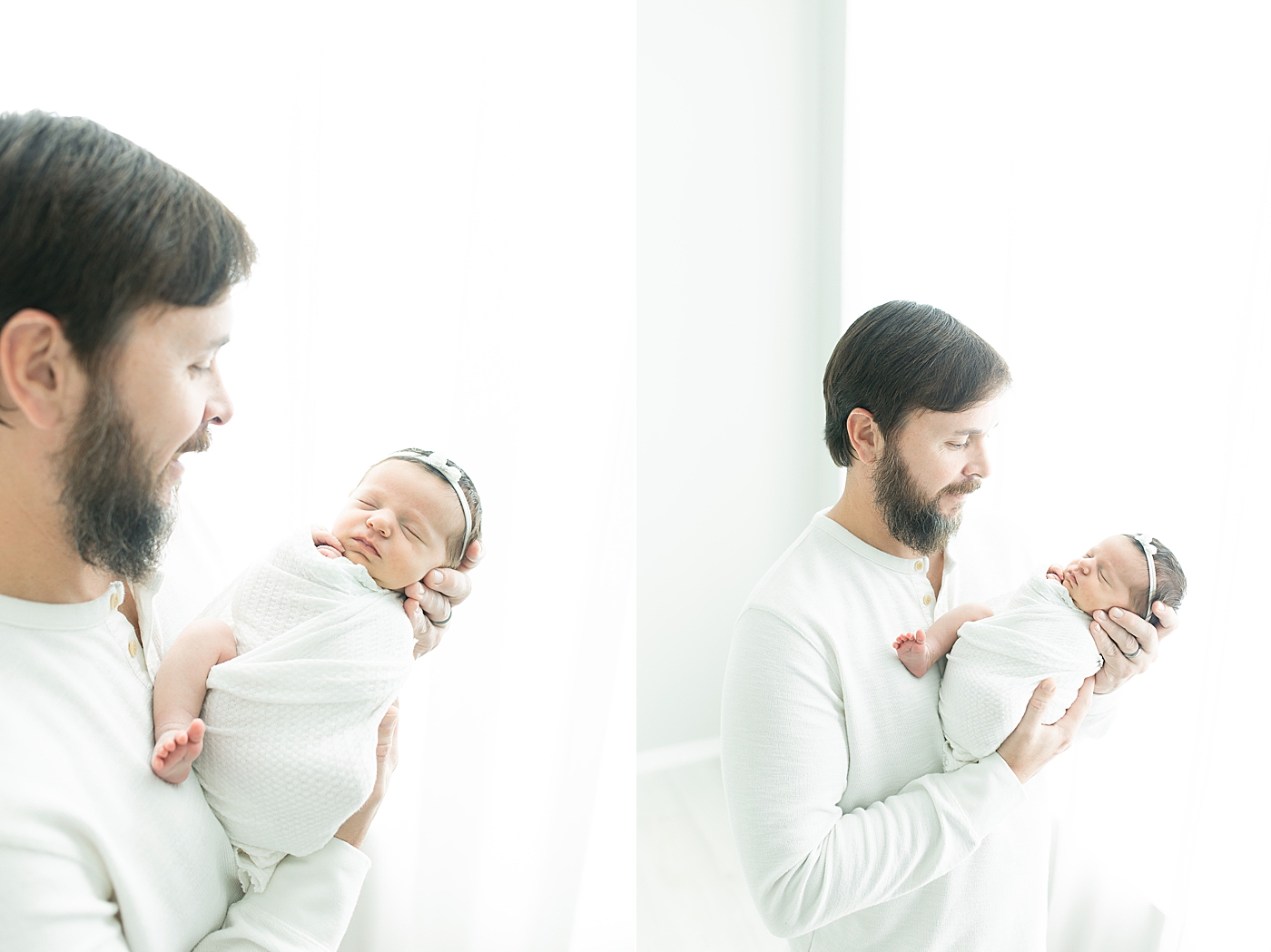 Dad holding newborn baby girl in white | Photo by Little Sunshine Photography 