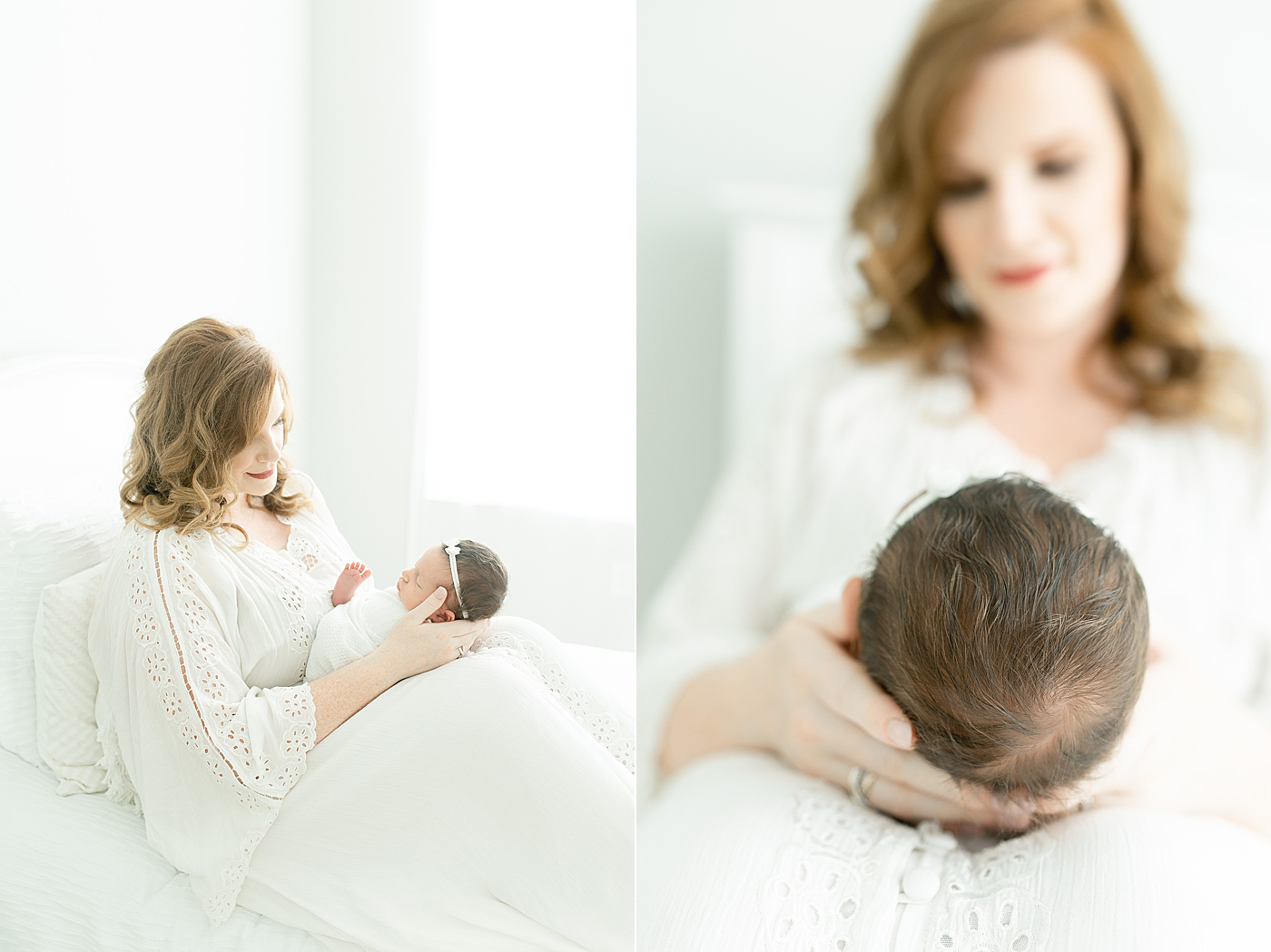 Mom in white holding newborn baby | Photo by Little Sunshine Photography 