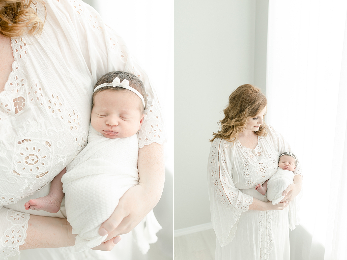 Newborn baby girl in white swaddle with mom | Photo by Little Sunshine Photography 