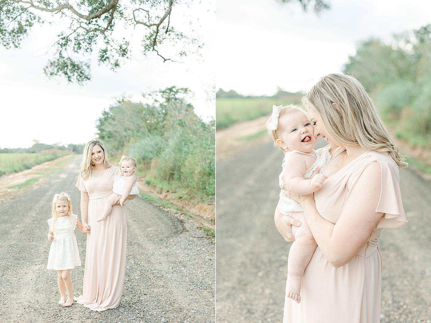 Mom interacting with daughters on a dirt path | Photo by Little Sunshine Photography 