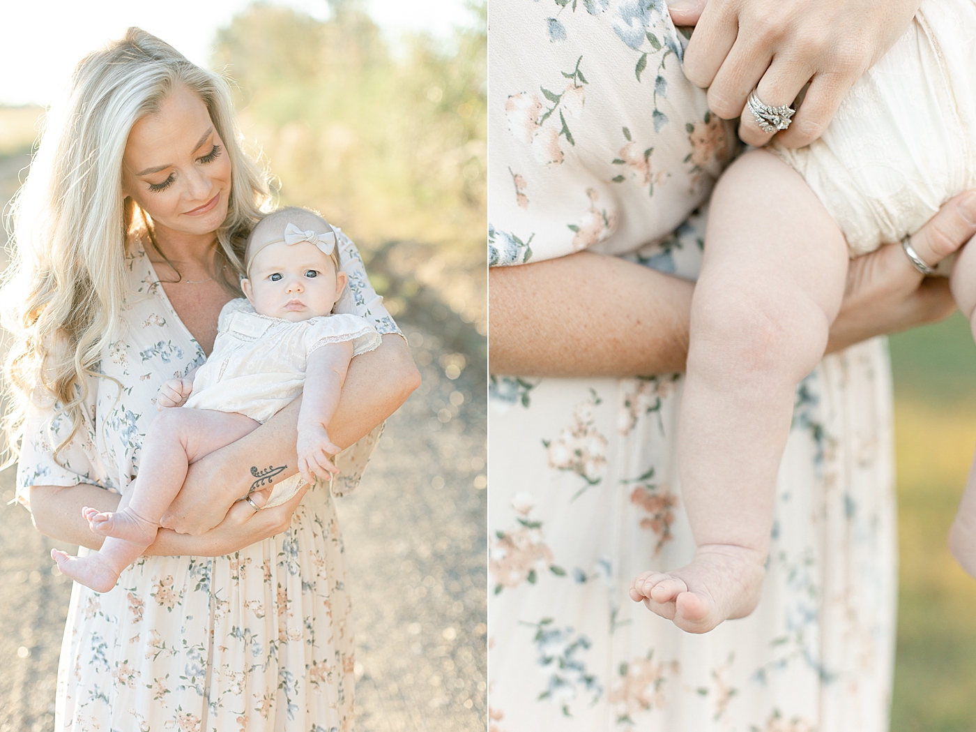 Mom in floral maxi dress holding her baby girl | Photo by Little Sunshine Photography