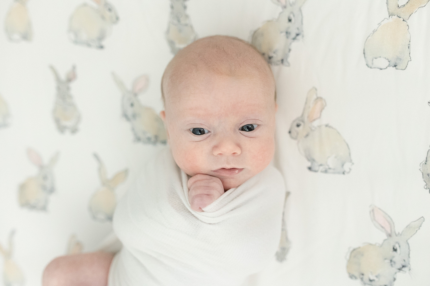 Newborn wrapped in white swaddle on bunny sheets | Photo by Pascagoula NB photographer Little Sunshine Photography
