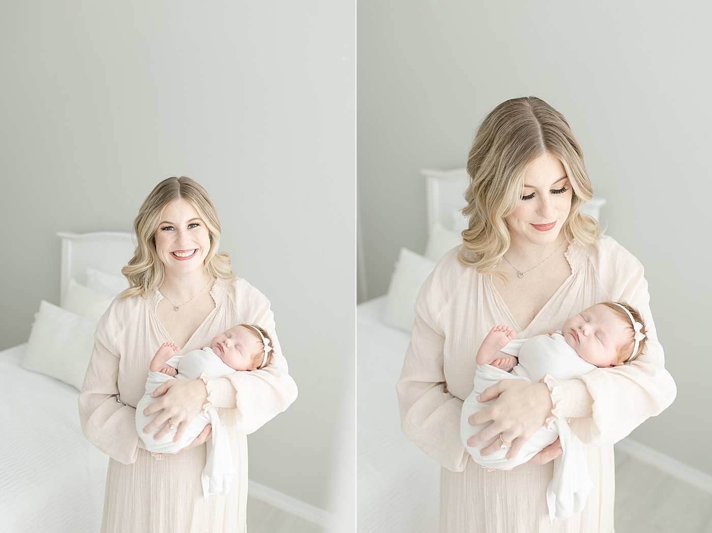 Mom in cream dress smiling while holding her newborn baby girl | Photo by Little Sunshine Photography