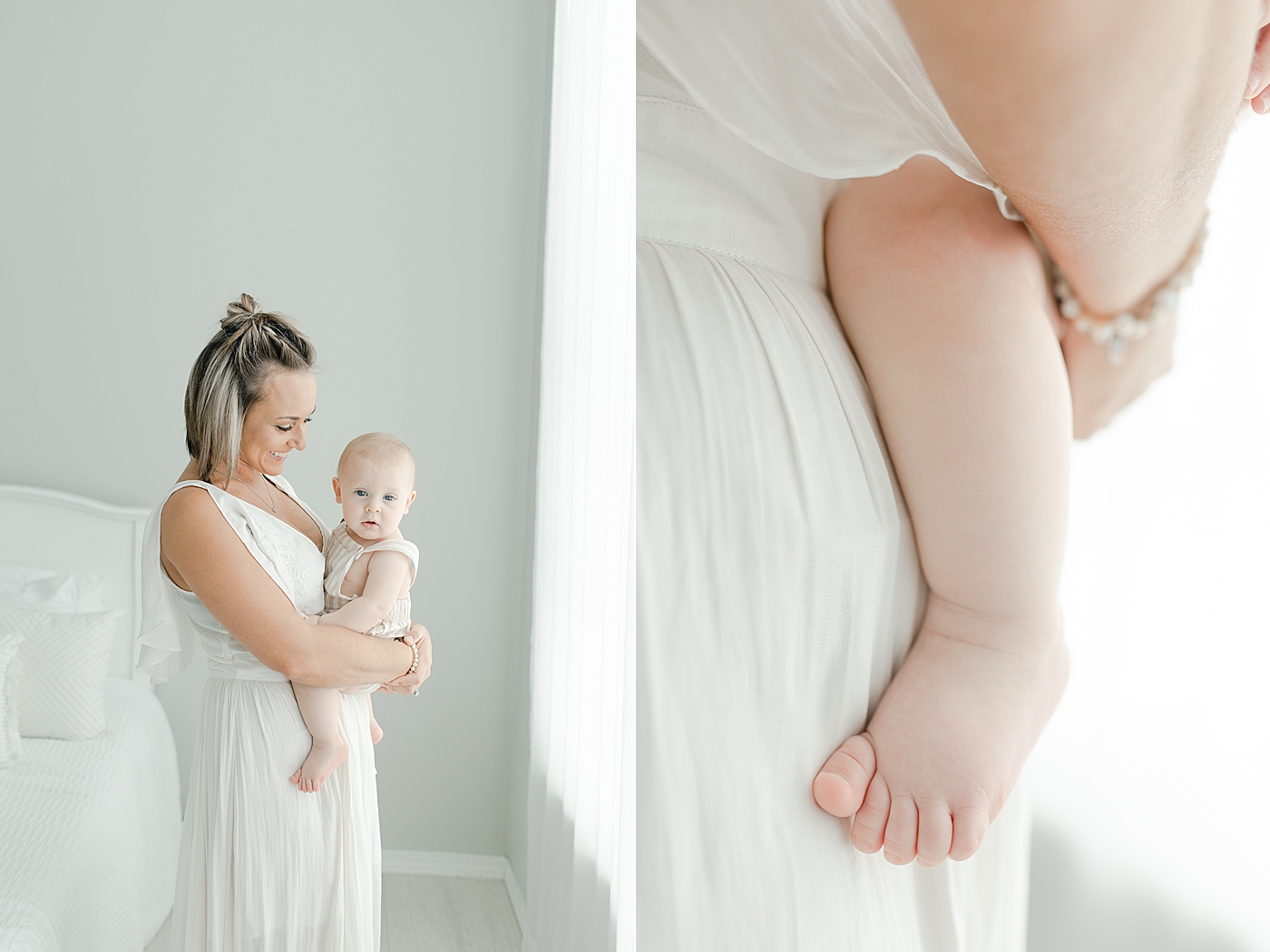 Mom in white dress holding baby boy in striped overalls | Photo by Hattiesburg Baby Photographer Little Sunshine Photography