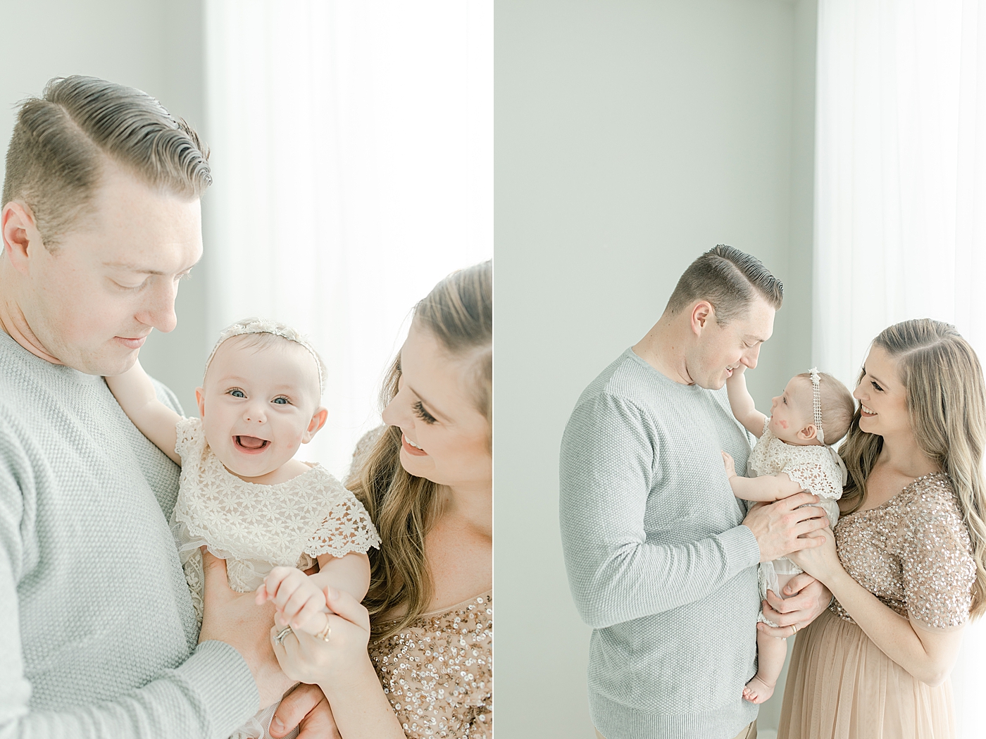 Detail of baby girl held by her mom and dad | Photo by Little Sunshine Photography